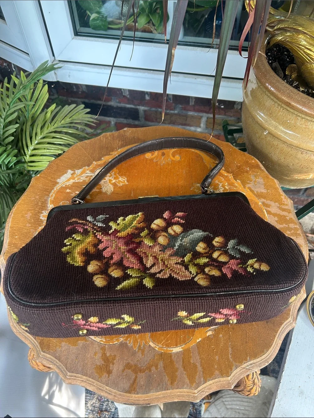 Vintage Brown Floral Leaf & Acorn Needlepoint Handbag